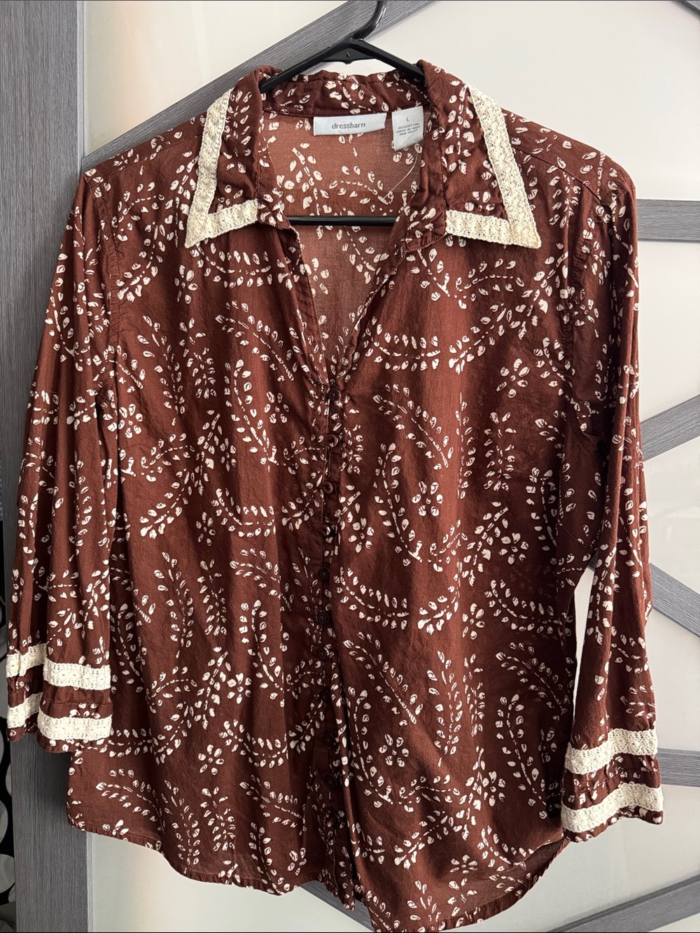 Dressbarn Women's L Rust Brown Boho Western Cotton Blouse Crochet Trim